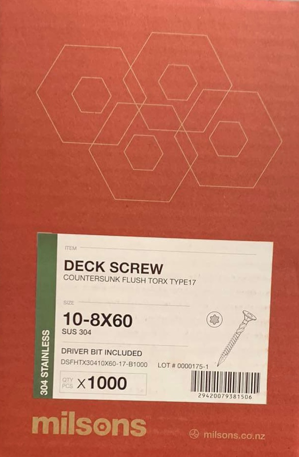 SCREW 10 X 60 COUNTERSUNK DECKSCREW S/S 1000