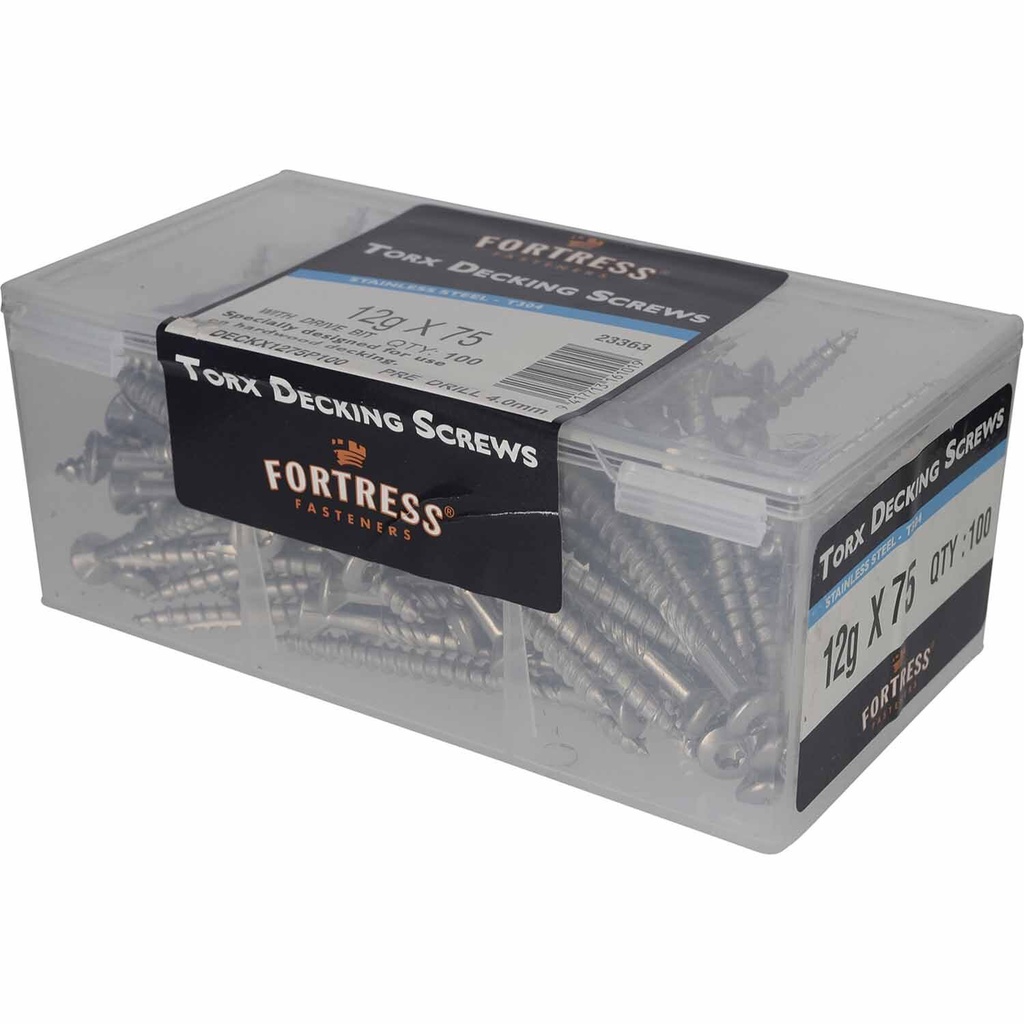 SCREW 12 X 75 RAISED HEAD DECKSCREW S/S BOX 100